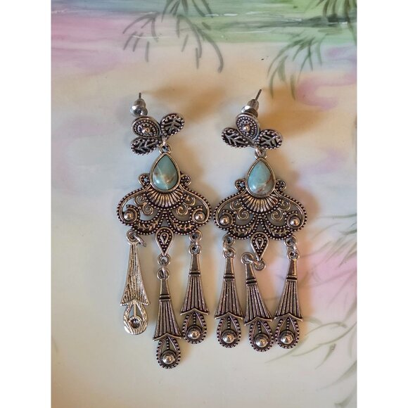 Georgian-Inspired Silver & Turquoise Dangle Chandelier Earrings - Picture 1 of 5